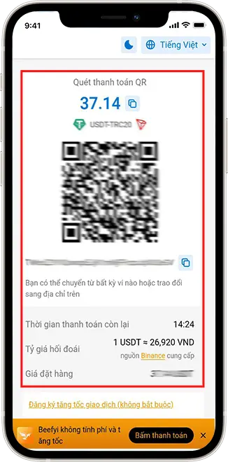 Bước 4: Sao chép thông tin chuyển khoản hoặc chụp ảnh mã QR => Đăng nhập vào ví điện tử, thực hiện chuyển tiền (Lưu ý: Chuyển đúng số tiền hiện thị trên Giá đặt hàng)
